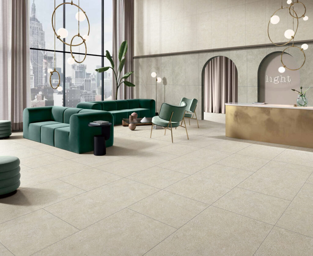 Stone-inspired tiles rendering image, for families with pets